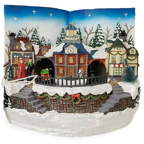 Mediawave Store – Livre village de Noël – Décoration lumineuse avec sons et mouvements – Dimensions 18x24cm – Résine et plastique PS