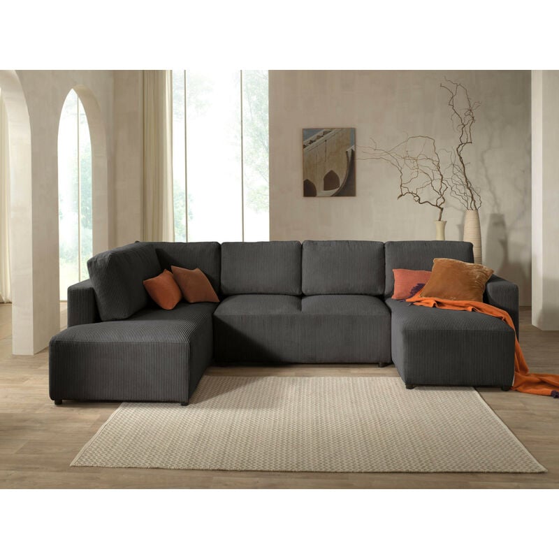 Lisa Design - Livy - canapé panoramique convertible - avec coffre - en velours côtelé - 7 places - gauche - gris foncé