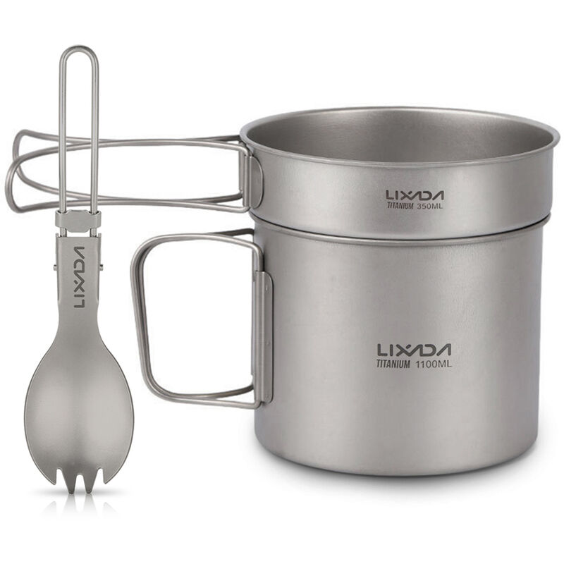 

Juego de utensilios de cocina de titanio ultraligero para acampar al aire libre, olla de 900 ml / 1100 ml, sarten de 350 ml con spork plegable para