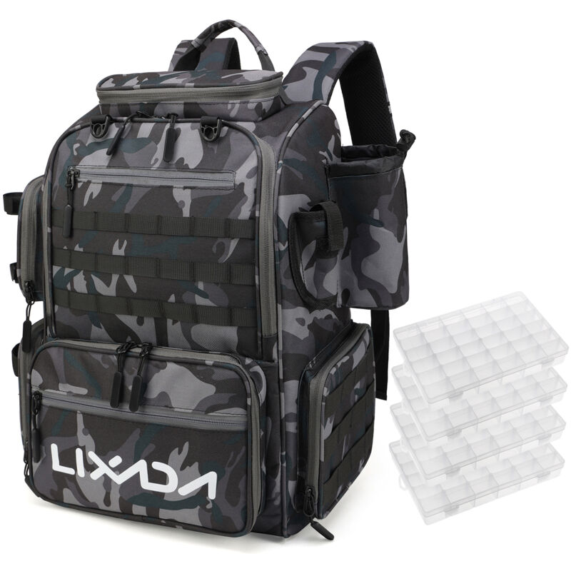 Lixada – sac à dos de pêche étanche, sac de rangement de matériel de pêche avec 4 plateaux et housse de pluie