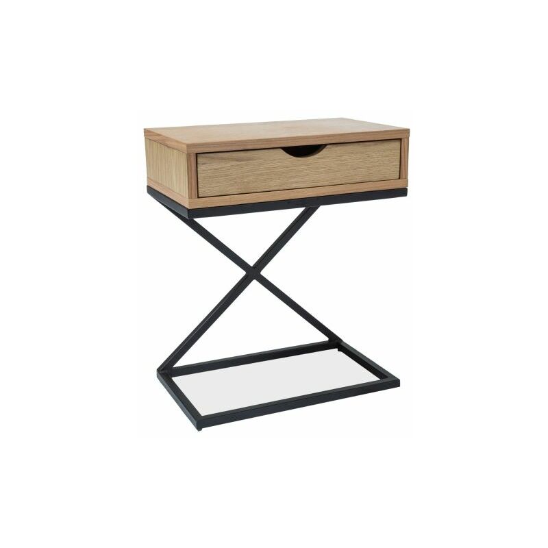 LIZII - Table d'appoint style loft avec tiroir séjour/salon/bureau - 60x50x30 cm - Plateau en MDF plaqué - Pieds en métal - Chêne