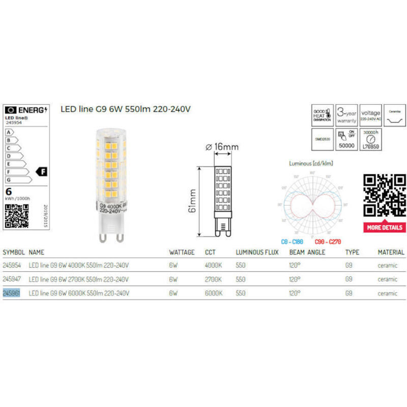 LL-G9-6W-CW-245961: LL-G9-6W-CW-245961: Lampada LED line® G9 SMD 230V fredda 6W NUOVA