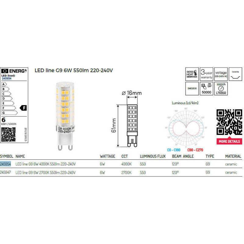 LL-G9-6W-NW-245954: Lampada LED line® G9 SMD 230V luce diurna 6W