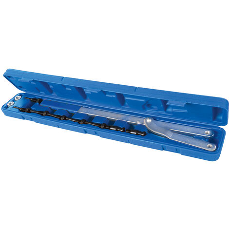 Llave ajustable para poleas de árbol de levas, rango 40-235 mm, incluye adaptadores y tornillos, herramienta esencial para talleres mecánicos.