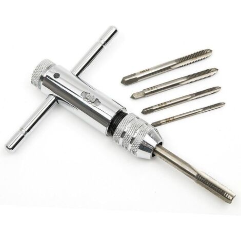 Llave de carraca plateada ajustable con mango en T, 5 vasos métricos roscados M3-M8 de 3 mm a 8 mm y machos de roscar en forma de T.