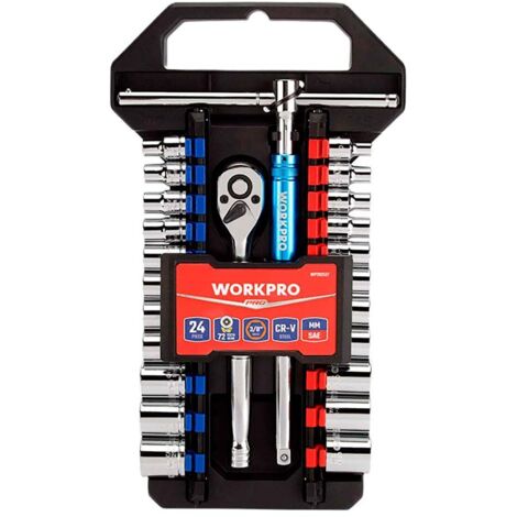 Llave de carraca y vasos 3/8 pulg, juego 24 piezas, métrico-sae