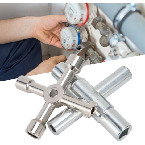 [Llave de cuatro direcciones] + [Acero inoxidable robusto y compacto] + [Para agua, gas y electricidad] + [De 2 piezas, portátil y práctico]