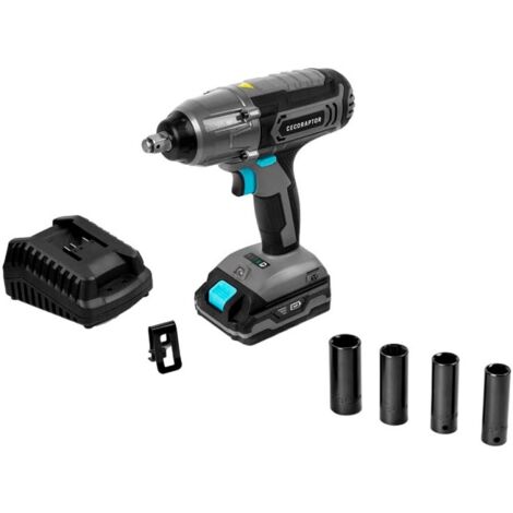 Llave de impacto de 20 V y 2.000 mAh, velocidad sin carga de 2.300 rpm, un ratio de impacto de 3.000 bpm, torque máximo de 400 Nm con 4 posiciones, luz de trabajo y autonomía de hasta 20 min.