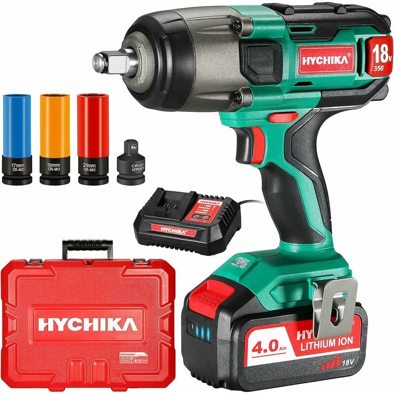 

Llave de Impacto, HYCHIKA 350Nm Atornillador Impacto 18V con 4,0 Ah Batería, Impacto Eléctrico con 3pcs Vasos de Impacto Profundo 17, 19, 21 mm,