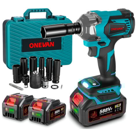 Llave de impacto inalámbrica ONEVAN de 700 Nm y 1/2" con dos baterías de 3 Ah para reparación de automóviles, construcción y carpintería. Incluye 12 accesorios