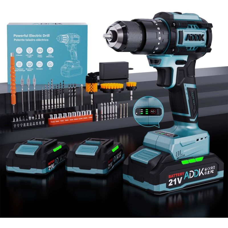 Llave de impacto sin escobillas 21 V, Llave de impacto multifunción, 550 N.m, 3 velocidades ajustables, 2 baterías extraíbles 21 V 1.5 Ah, 2