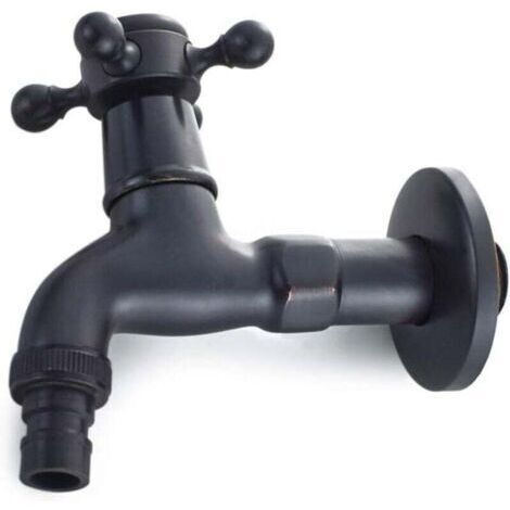 Llave de lavadora de latón con vertedor para lavabo G1/2 – llave antigua con cruz para desagüe de agua de fregar, lavabo y jardín (negro)