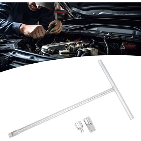 Llave de ranura en T de 3/8" con adaptadores de 1/4" y 1/2", fabricada en acero cromo-vanadio para una comodidad óptima del usuario.