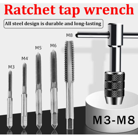 Llave de trinquete ajustable con mango en T para machos de roscar métricos M3-M8, escariadores y roscadoras.
