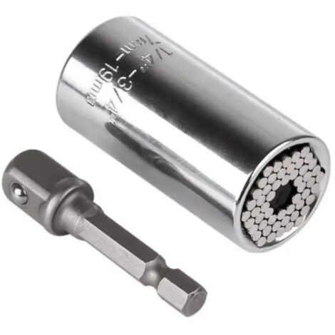 Llave de vaso universal de acero cromo-vanadio, métrica e imperial, cromada, vaso multifuncional de 7-19 mm, juego de 2 piezas [vaso + receptor]