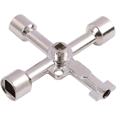 Llave multifuncional de cuatro vías, disponible en 5 tamaños triangulares, apta para contenedores, cajas eléctricas y bombonas de gas.