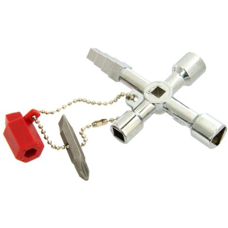 Llave multiusos para armarios Geko G10049, herramienta 4 vías, ideal para abrir diferentes tipos de cerraduras de armarios, color plateado.