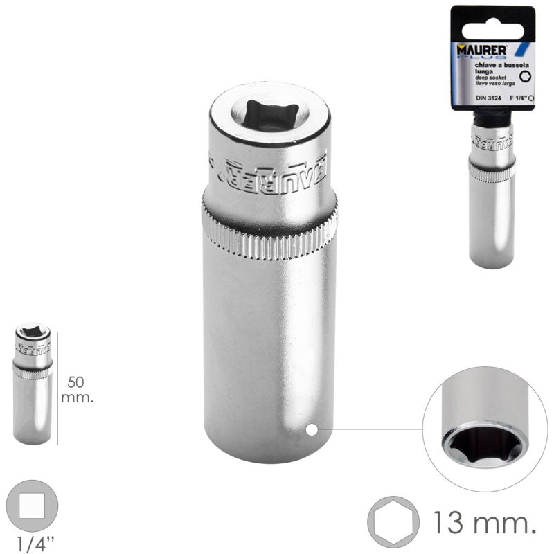 

Llave vaso larga 1/4' / 13 mm. hexagonal. / longitud 50 mm. realizada en acero cromo vanadio