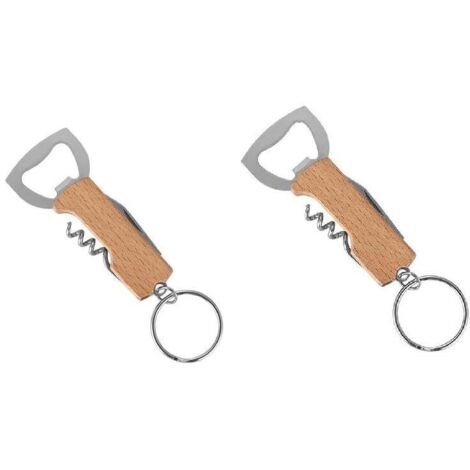 Llavero abrebotellas multifuncional, paquete de 2 con mango de madera - Abrebotellas portátil para bares, fiestas, camping, accesorios para hombres, padres y amantes de la cerveza, color marrón, talla