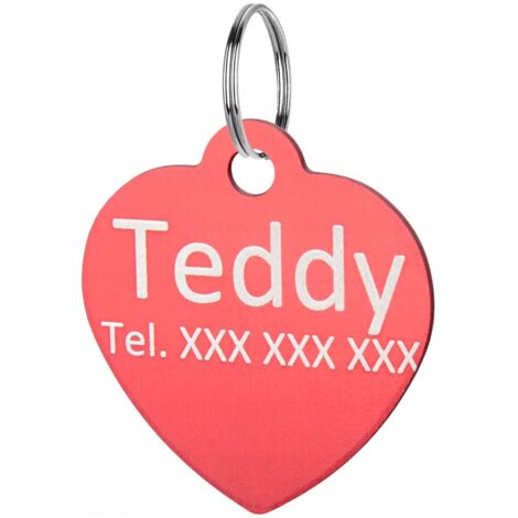 Llavero con placa de identificación grabada para perro, corazón, color rojo.
