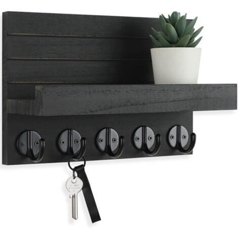 Llavero de pared, pequeño organizador de pared de madera de 21,5 cm con 4 ganchos y un estante, decoración de pared para sala de estar, entrada o cocina (negro)