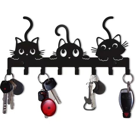 Llavero de pared, perchero de pared para gatos, toallero moderno y original, llavero de metal negro, gancho para utensilios de cocina