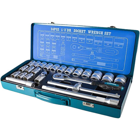 LLAVES CARRACA Y VASOS 24 PZ CAJA METALICA KIT