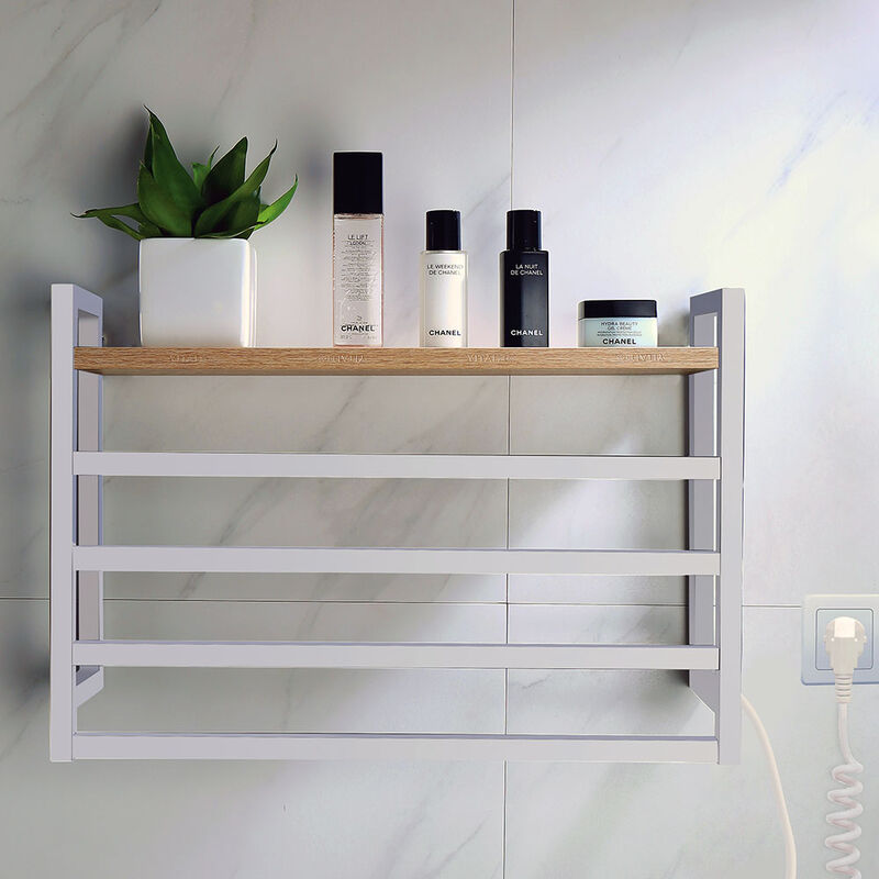 

Toallero Secatoallas eléctrico FU con repisa de madera y cuatro barras para toallas. De bajo consumo 60W, fabricado en acero inoxidable acabado en