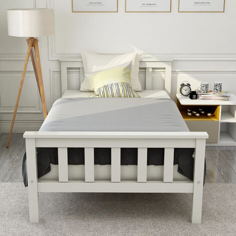 Llit simple Lit en bois, composé d'un cadre de lit avec sommier à lattes, lit en bois avec tête de lit - 90 x 200 cm, lit d'enfant en bois massif, lit d'ado, pin massif, blanc