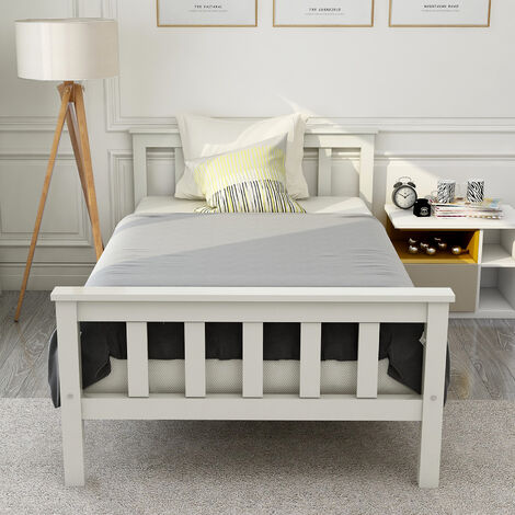 Llit simple Lit en bois, composé d'un cadre de lit avec sommier à lattes, lit en bois avec tête de lit - 90x200 cm, lit d'enfant en bois massif, lit d'ado, pin massif, blanc