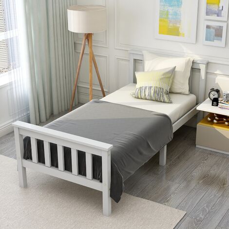 Llit simple Lit en bois, lit simple composé d'un cadre de lit avec sommier à lattes, lit en bois avec tête de lit - 90 x 200 cm, lit d'enfant en bois massif, lit d'ado, pin massif, blanc