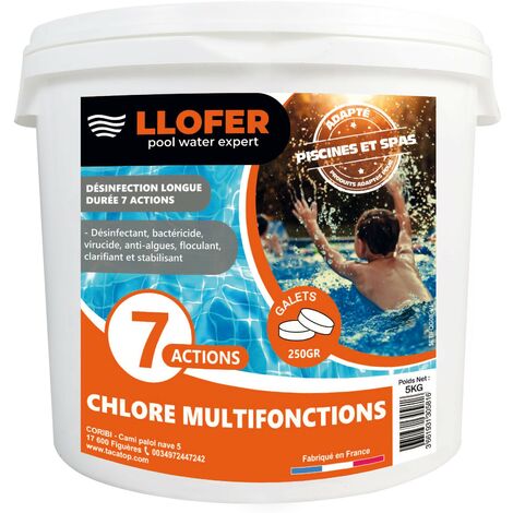 Llofer – Chlore multifonctions 5kg – Galets de 250g pour désinfection piscine – Élimine virus et algues – Compatible avec tous systèmes de filtration
