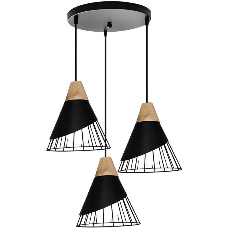 

Lámpara colgante hierro forjado moderno, bádminton madera maciza ajustable 3 luces dormitorio sala de estar cocina colgante creativa Negro - Negro