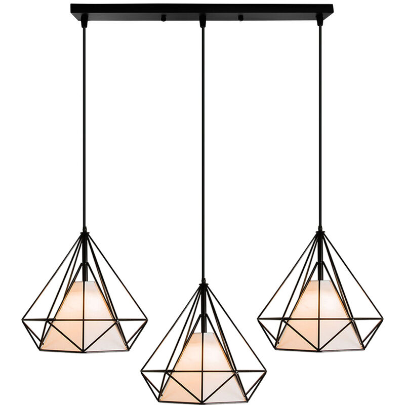 

Lámpara colgante vintage jaula diamante ajustable E27, 3 luces decorativa luz comedor sala de estar industrial metal retro - Negro - Negro