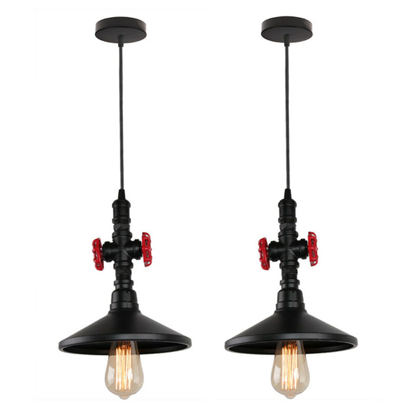 

Lámpara colgante de tubo de agua de metal de 2 piezas, luz de techo industrial retro con pantalla - negro