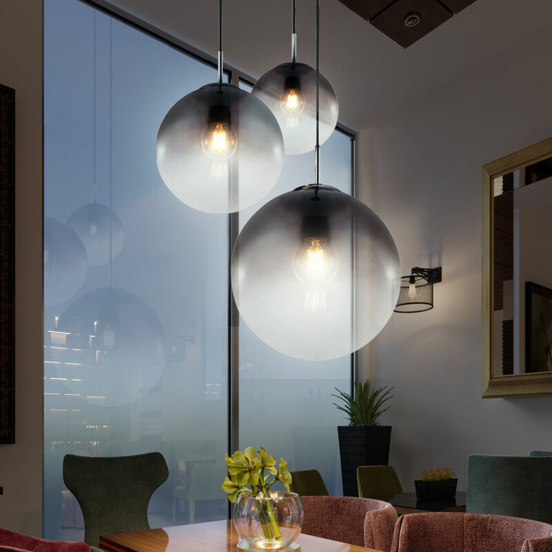

Lámpara colgante de vidrio ahumado Lámpara de techo de vidrio cromado para su sala de estar, forma esférica, 3x E27, FxH 51x120 cm, comedor