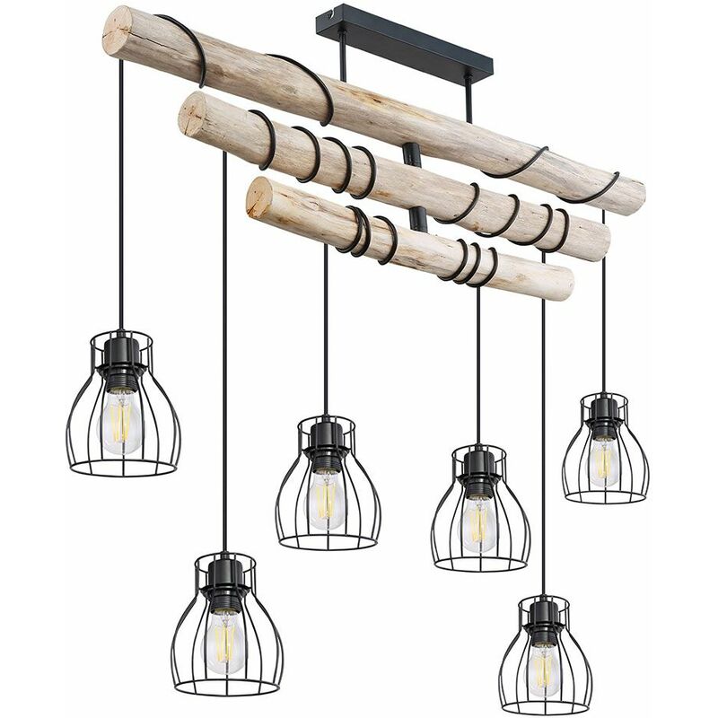 

Lámpara colgante lámpara de suspensión de madera lámpara de techo vintage en diseño de barra, jaula de metal negro, 6 luces, L x H 100x100 cm, comedor