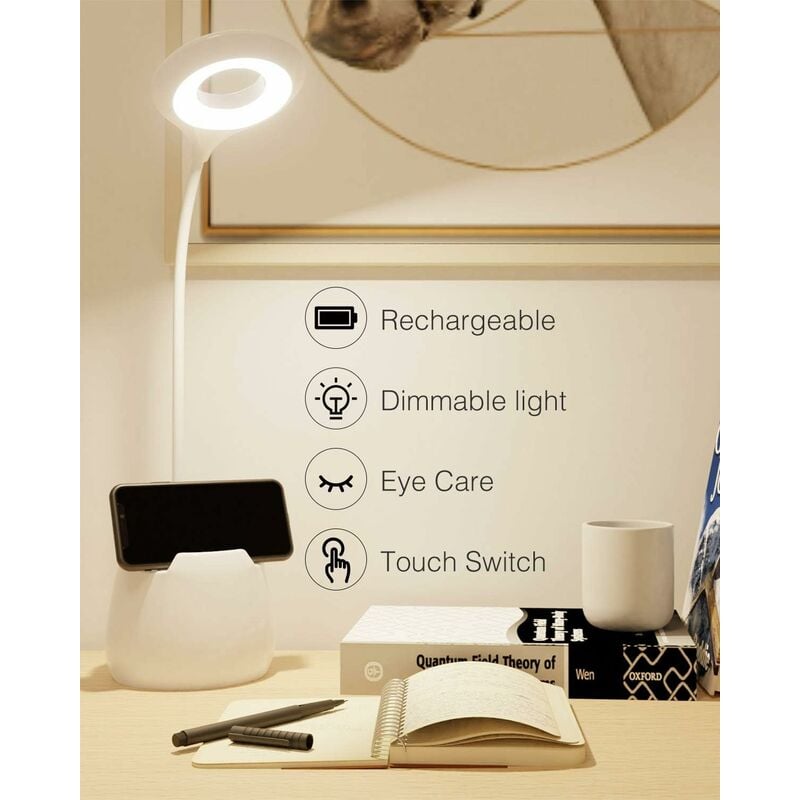 

Lámpara de escritorio, lámpara de mesa LED regulable para libro, 3 niveles de luz, cuello de cisne flexible, control táctil, protección ocular,