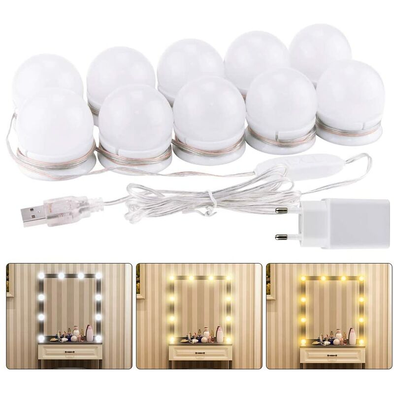 

Abcrital - Lámpara de espejo, 10 bombillas, kit de luz LED de Hollywood, lámpara de espejo cosmética regulable para baño, 3 colores, 10 niveles de