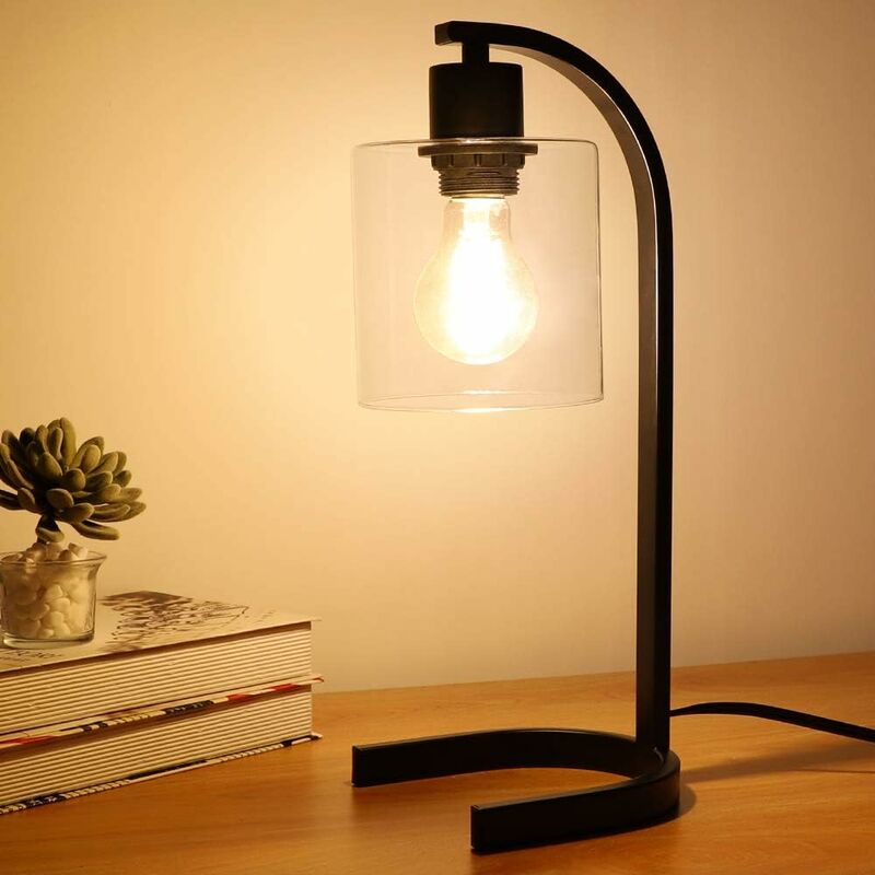 

Lámpara de mesa de metal, lámpara de noche de hierro negro, pantalla de vidrio transparente, bombilla E27 no incluida, fácil de instalar para la sala