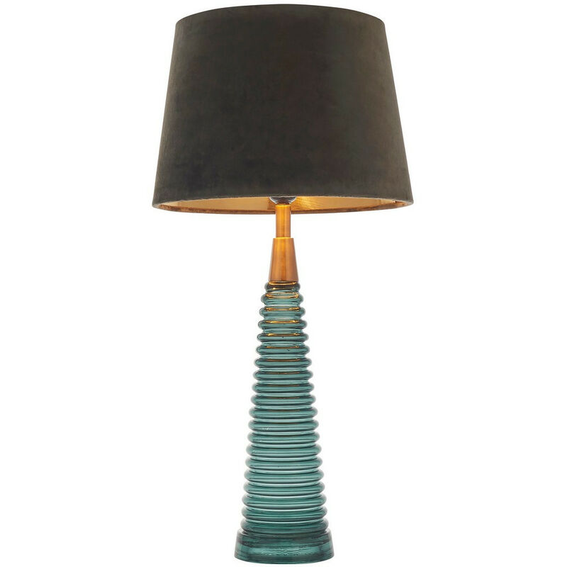 

Endon Lighting - Lámpara de mesa de vidrio acanalado verde azulado, placa de efecto de latón antiguo, pantalla de terciopelo moca