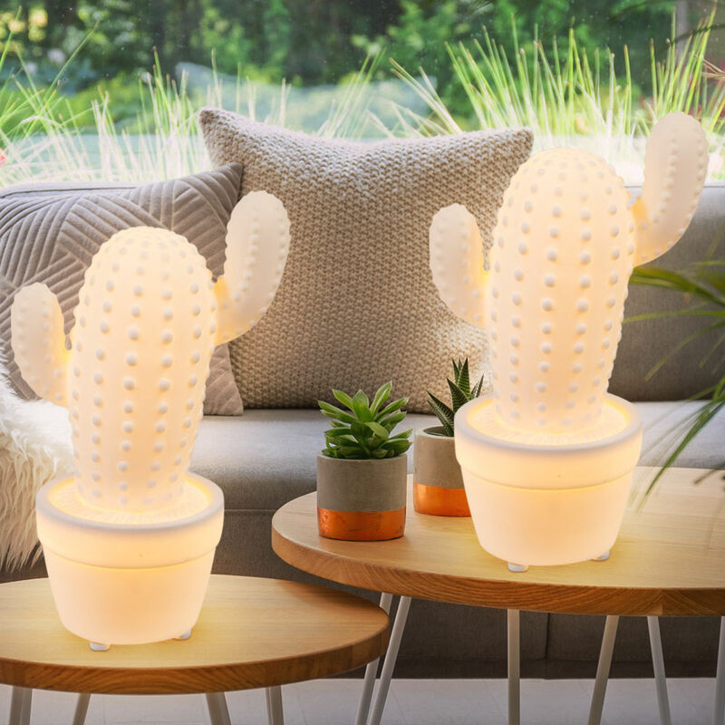 

Lámpara de mesa Lámpara decorativa LED Lámpara de cabecera Lámpara lateral de porcelana Lámpara de mesa con pilas, Blanco cactus, Blanco cálido, L x