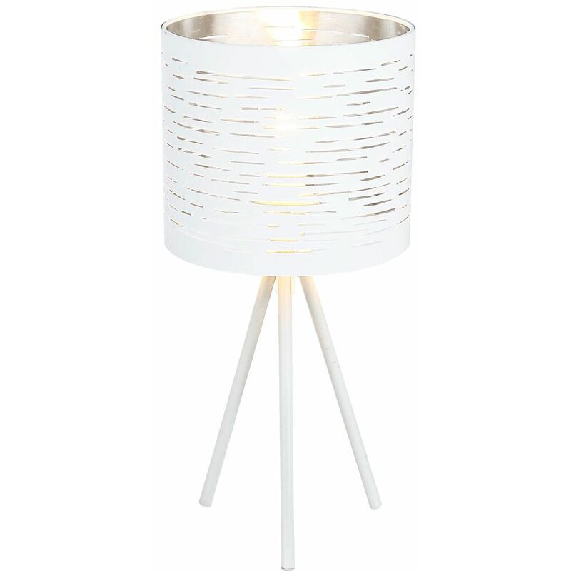 Image of Lampada da comodino in metallo cromato con paralume lampada da tavolo modello lampada a forma rotonda, con struttura bianca 3 gambe, 1x E14, DxH