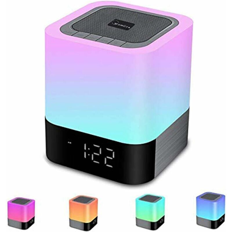 

Lámpara de noche LED con altavoz portátil Bluetooth con control táctil, lámpara de mesa con luz nocturna que cambia de color con reloj despertador