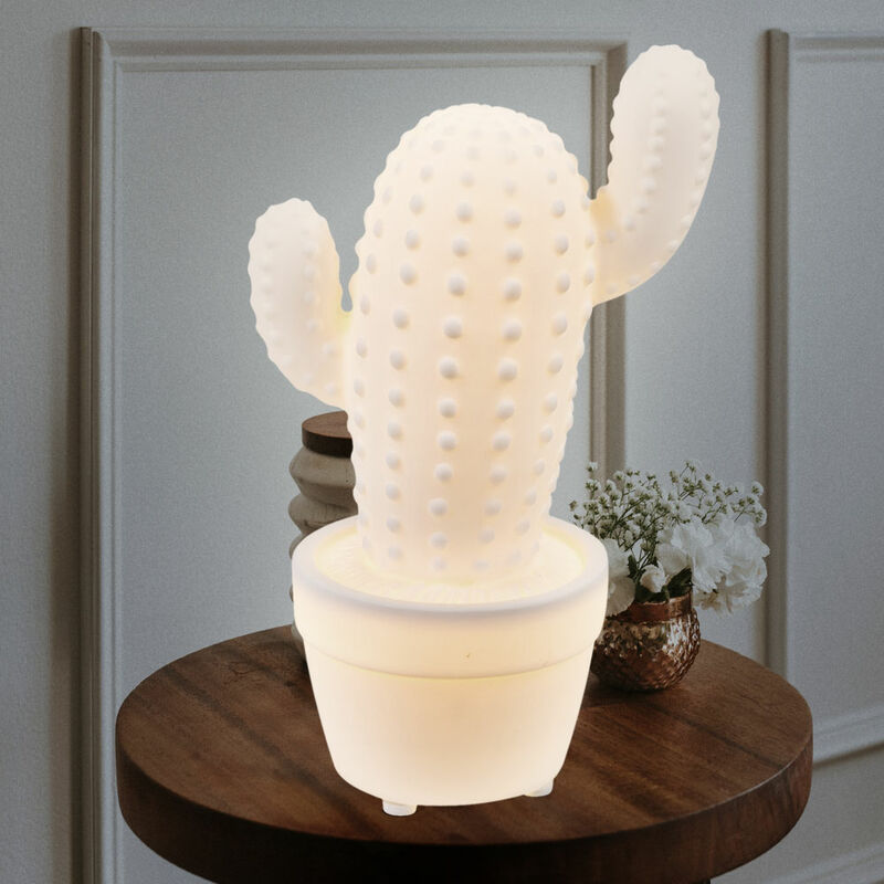 

Lámpara de sobremesa Lámpara decorativa LED Lámpara de noche Lámpara lateral de porcelana Lámpara de mesa con pilas, Blanco cactus, Blanco cálido, L