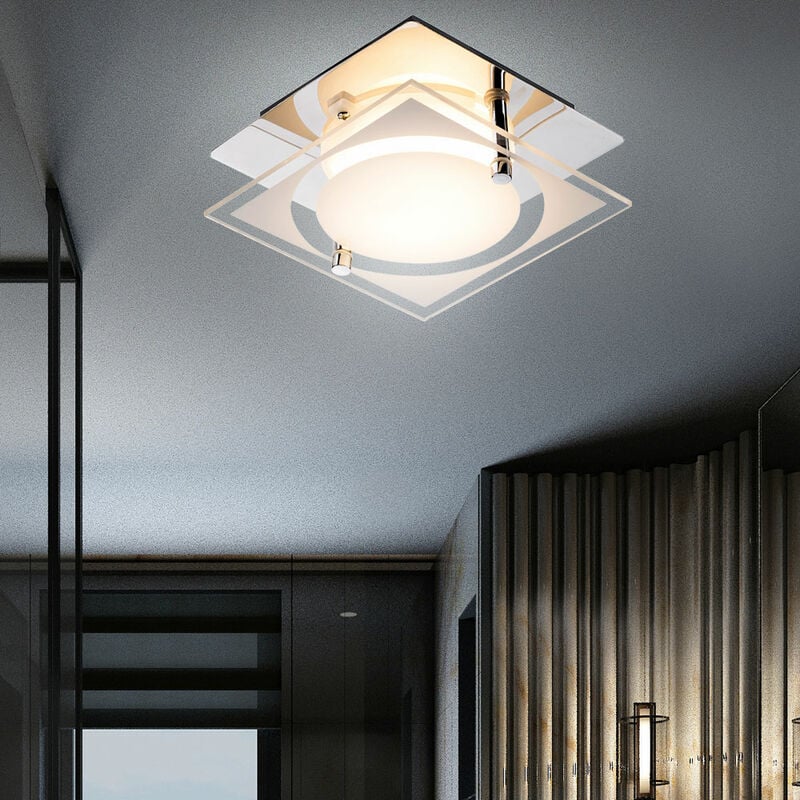 

Lámpara de techo, plafón cuadrado, lámpara de pasillo cromado, vidrio satinado, 1x LED 6W 400Lm blanco neutro, L x An x Al 12 x 12 x 7 cm