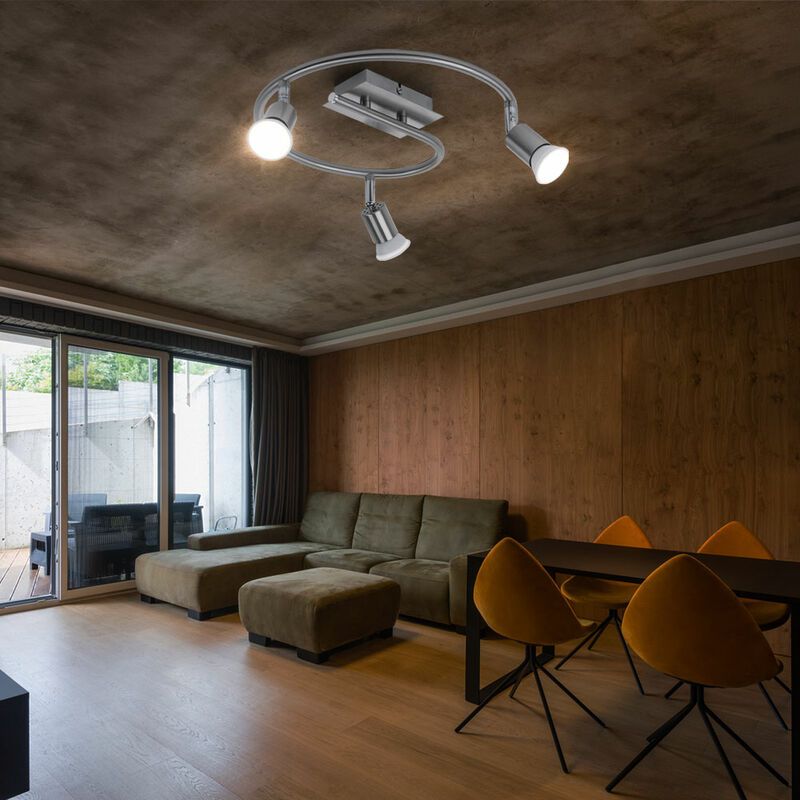 

Lámpara de techo Spot lamp Lámpara de techo con focos móviles, acero cepillado, barra de sujeción curva, plateado, 3x GU10, diámetro: 50 cm
