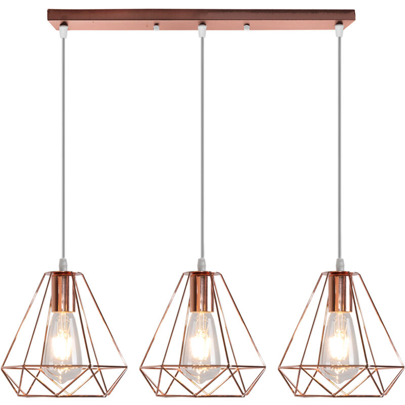 

Lámpara suspensa de jaula de diamantes de oro rosa, luz de techo retro de hierro forjado,3 portalámparas - oro rosa