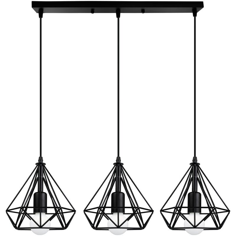 

Lámparas colgantes de jaula de diamante negro, lámpara suspensa industrial retro, 3 portalámparas - negro