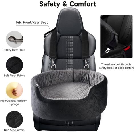 LN COZY CORNER Dog Car Seat for Small/Medium Dogs Elevated Memory Foam Booster Seat with Safety Straps Detachable Washable Pet Car Seat Comfortable Dog Bed Sofa for Travel (Black/Grey, Medium)